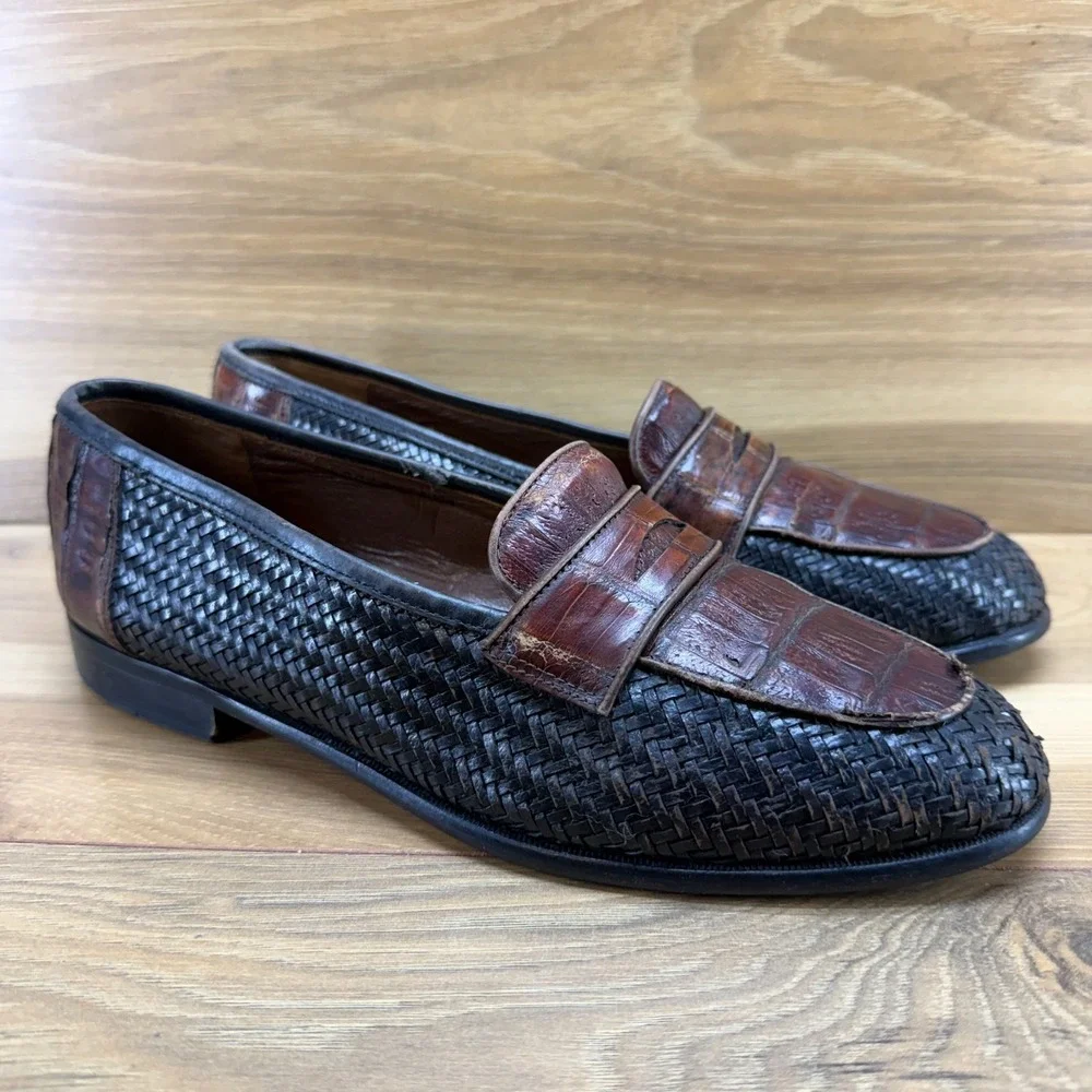 Belvedere Crocodile Woven Penny Loafers Mens 8.5 M Brown Black Slip On Modern